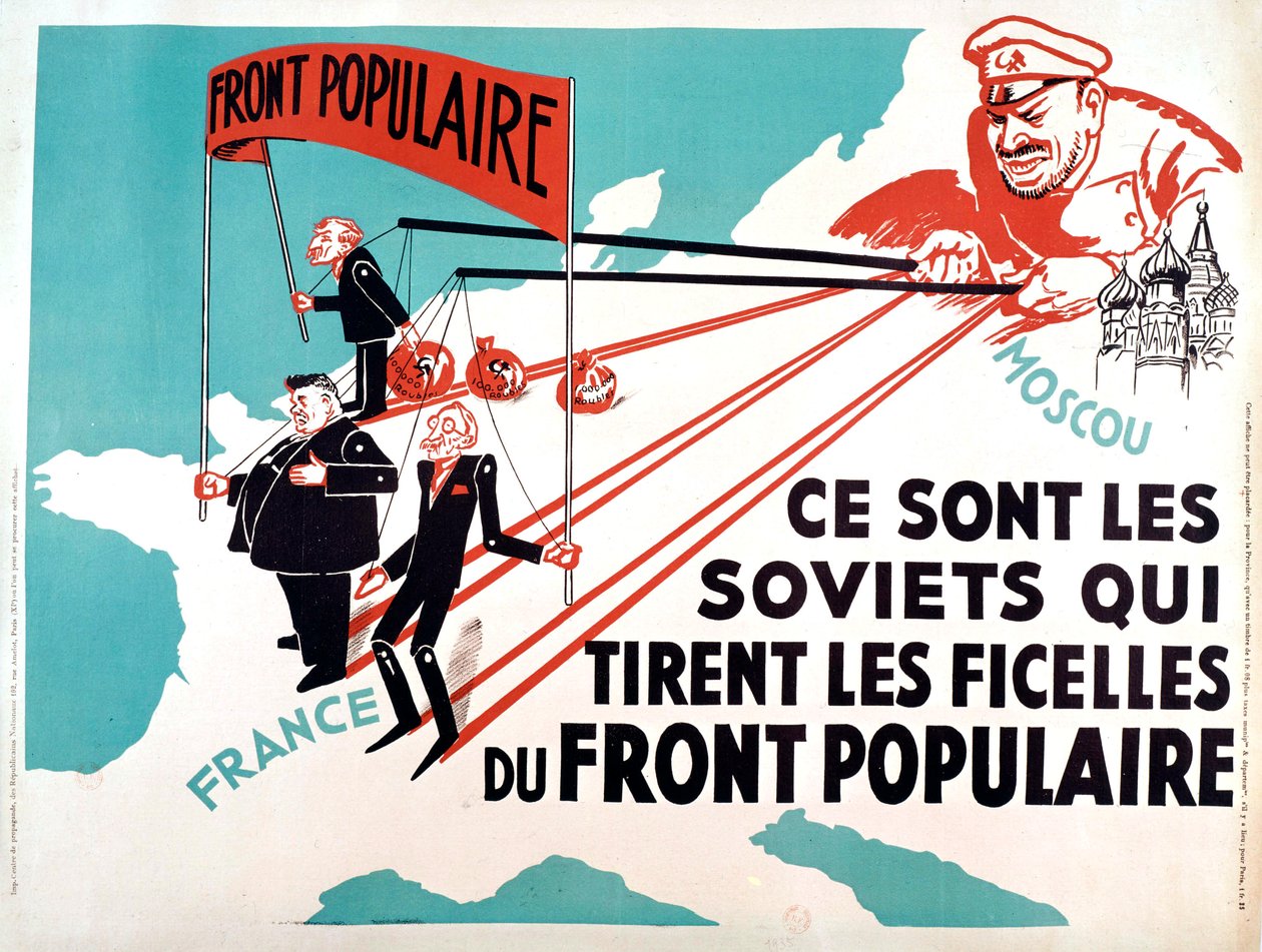 Affiche représentant Edouard Herriot, Léon Blum dans le rôle des marionnettes de Moscou, vers 1936 (affiche) - French School
