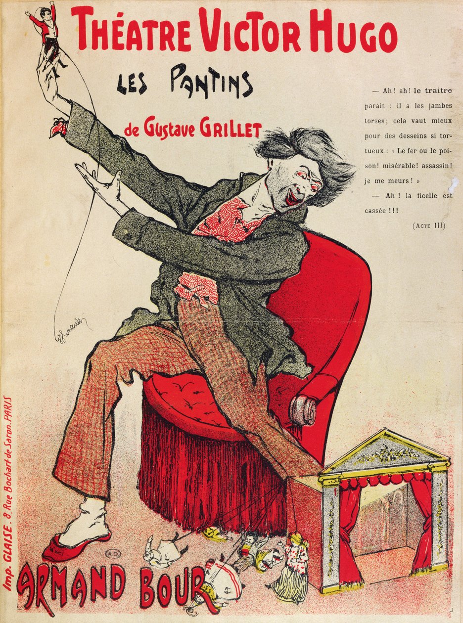 Affiche pour Les Pantins par Gustave Grillet au Théâtre Victor Hugo, fin du 19ème siècle - French School