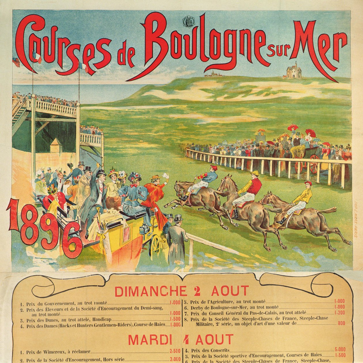 Affiche pour les courses de chevaux à Boulogne-sur-Mer, 1896 - French School