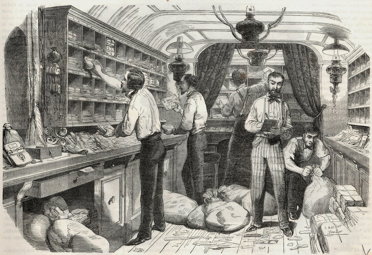 Postes : intérieur du bureau ambulant - Gravure dans « Tableau-de-Paris » par Edmond Texier 1852 - French School
