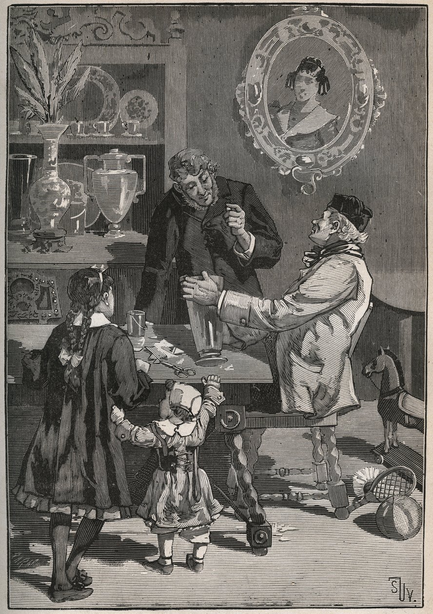 Potichomanie, un procédé du XIXe siècle pour imiter les vases en porcelaine de Chine et du Japon. Gravure de 1880 dans « Les arts et métiers illustrés » par Adolphe Bitard - French School