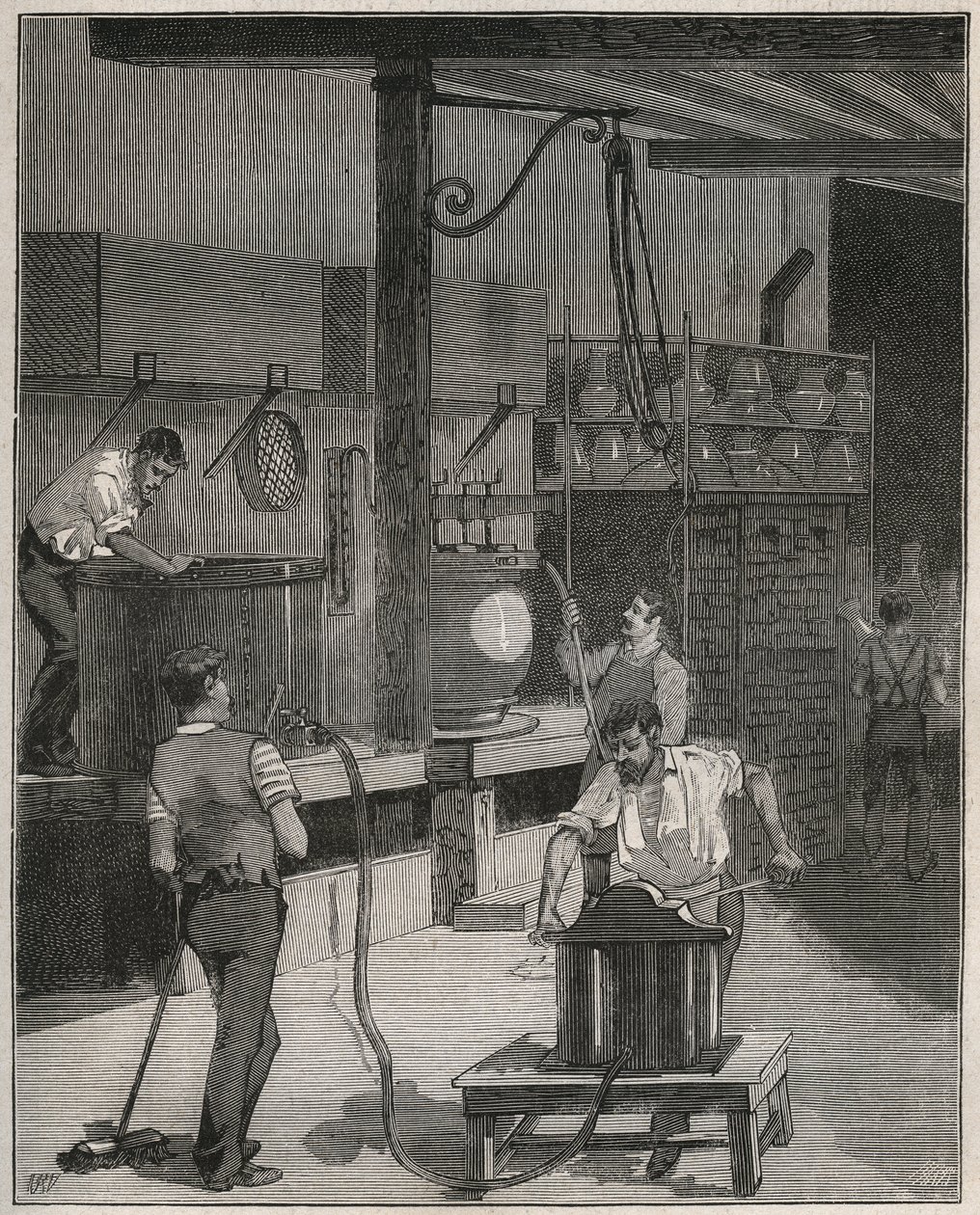 Poterie, Manufacture de Sèvres : Atelier de moulage sous vide et à air comprimé. Gravure de 1885 dans « Les arts et métiers illustrés » par Adolphe Bitard. - French School