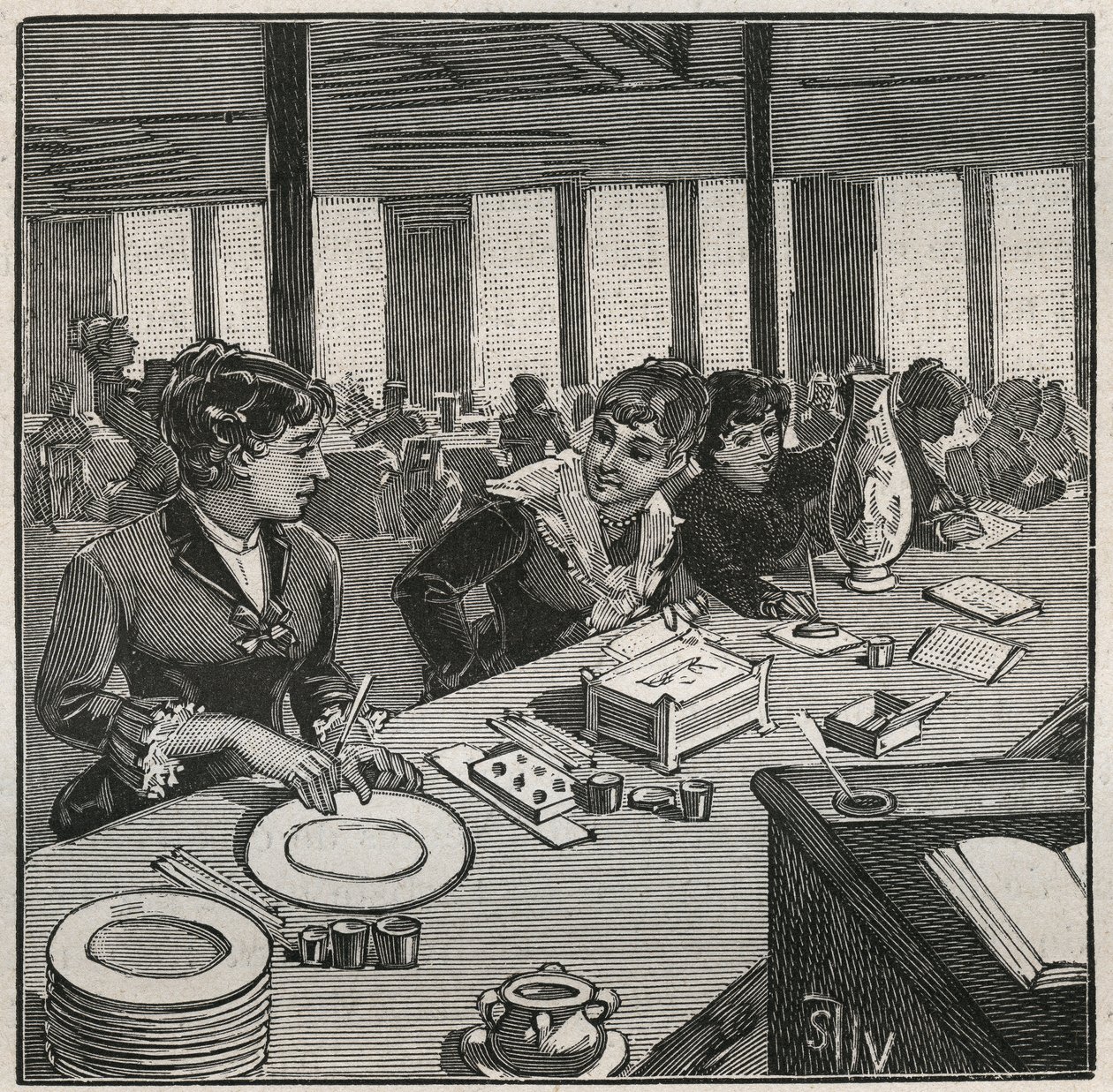 Poterie : atelier de peinture sur porcelaine au XIXe siècle en France. Gravure de 1880 dans « Les arts et métiers illustrés » par Adolphe Bitard. - French School