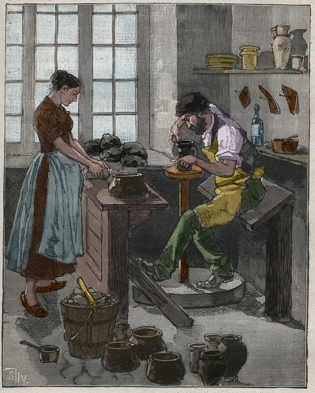 Poterie : potier exécutant un vase sur le tour. France - French School