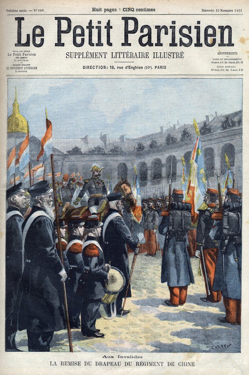 Présentation du drapeau du Régiment de Chine par le général Faure-Biguet au général Arnoux gouverneur aux Invalides à Paris, dans « Le Petit Parisien » 1901 (gravure) - French School