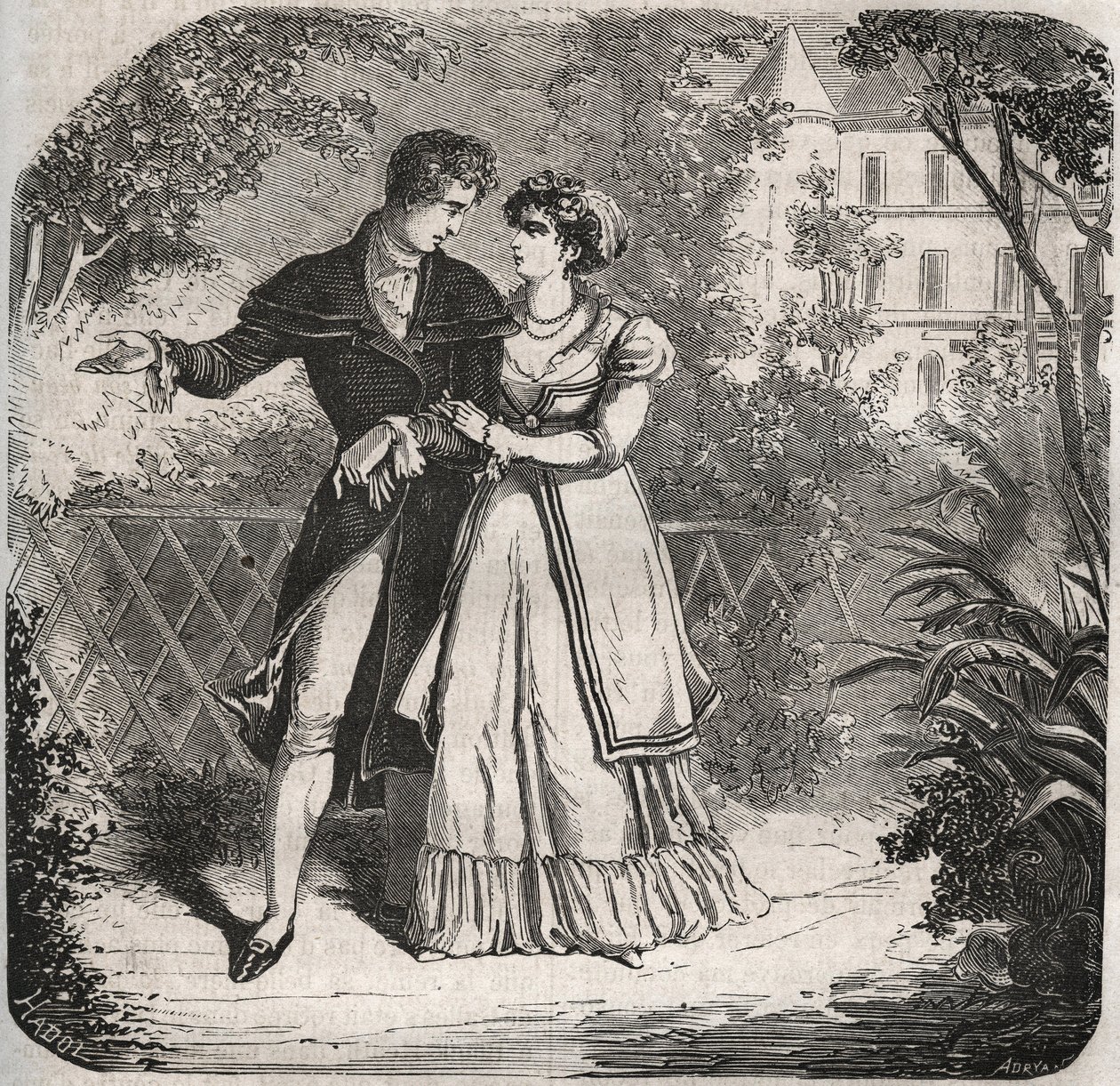 Princesse de Galles Caroline de Brunswick (1768-1821) marchant avec son amant, Bartolomeo Bergami. Gravure de 1871 dans « Histoire Des Cocus Célèbres » par Henry de Kock (1819-1892). - French School