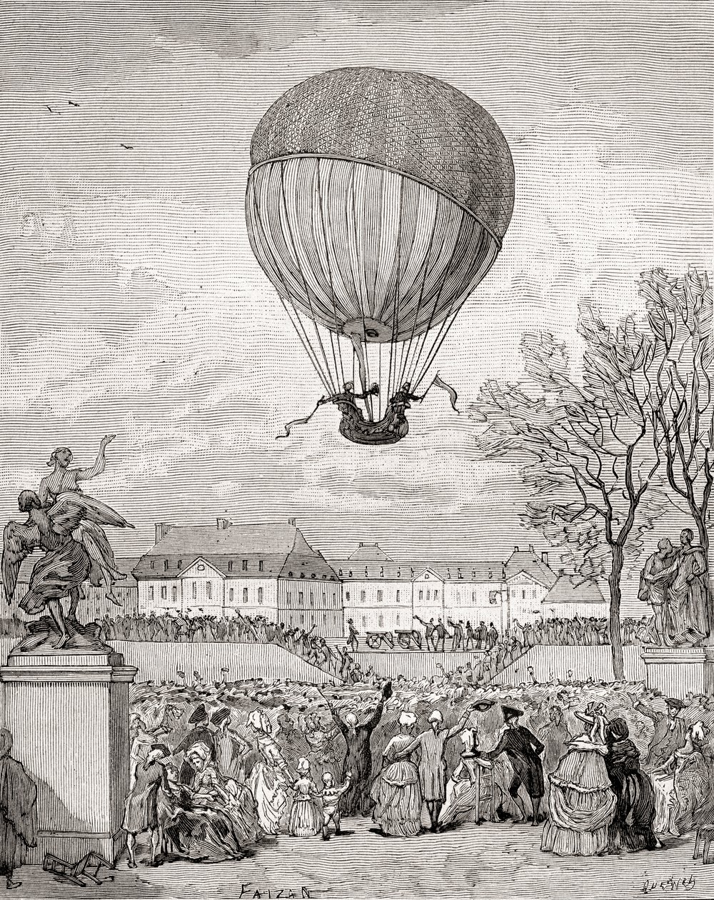 Le professeur Jacques Charles et Nicolas-Louis Robert volent le premier ballon à hydrogène habité au monde le 1er décembre 1783 dans les jardins des Tuileries, Paris, de 