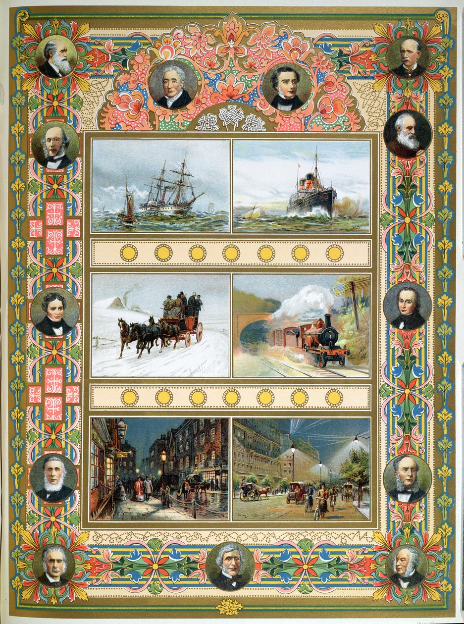 Progrès sous le règne de la Reine Victoria (1819-1901). Navires à voile, navires à vapeur, train à vapeur et éclairage public au gaz et électrique, 1887 - French School