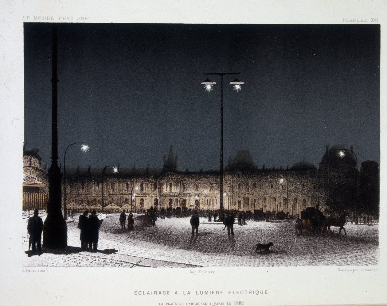 Éclairage public avec lumière électrique sur la place du Carrousel à Paris 1883 - dans « Magnétisme et Électricité » par Amédée Guillemin - French School