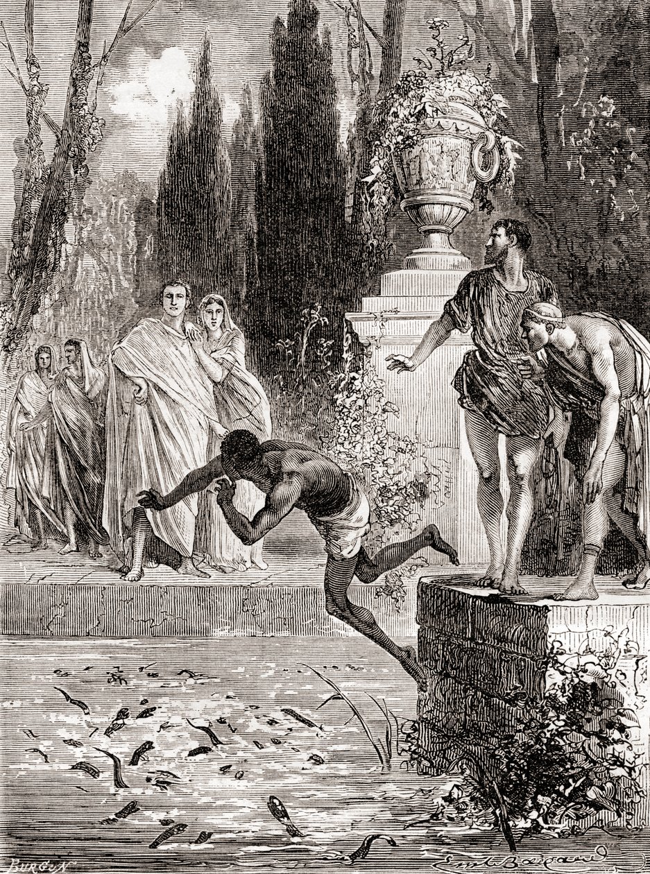Publius Vedius Pollio, équestre romain, nourrissant un esclave à ses murènes, extrait de Les Merveilles de la Science, publié vers 1870 - French School