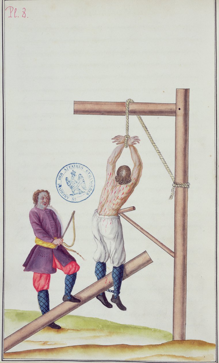 Punition au knout en étant suspendu à une corde, de Voyage en Russie, 1731 - French School