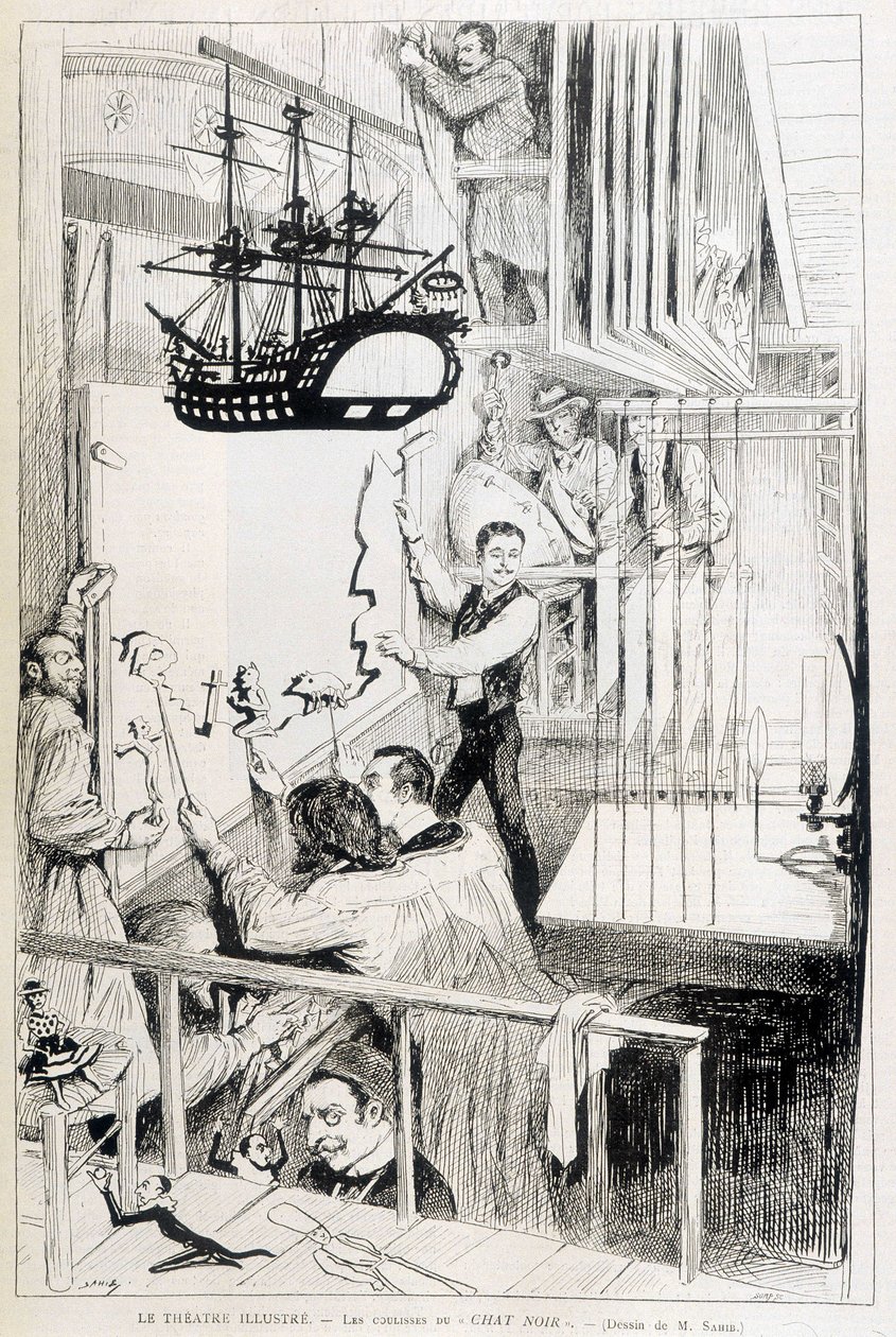 Marionnettistes dans les coulisses du Chat Noir, cabaret parisien - dans « Le Monde illustré » du 28/01/1888 - French School