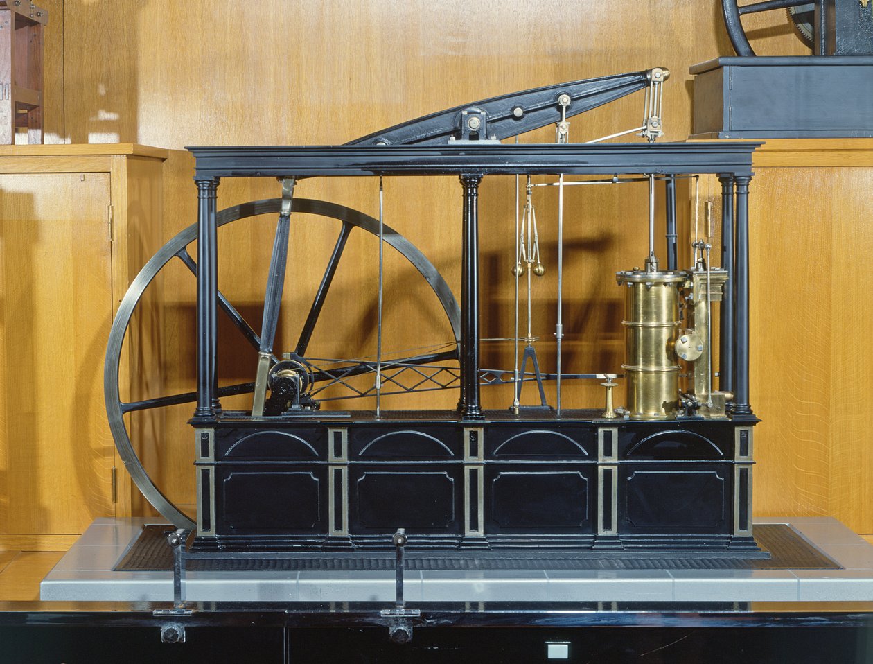Reconstruction de la machine à vapeur conçue par James Watt (cuivre et verre) - French School