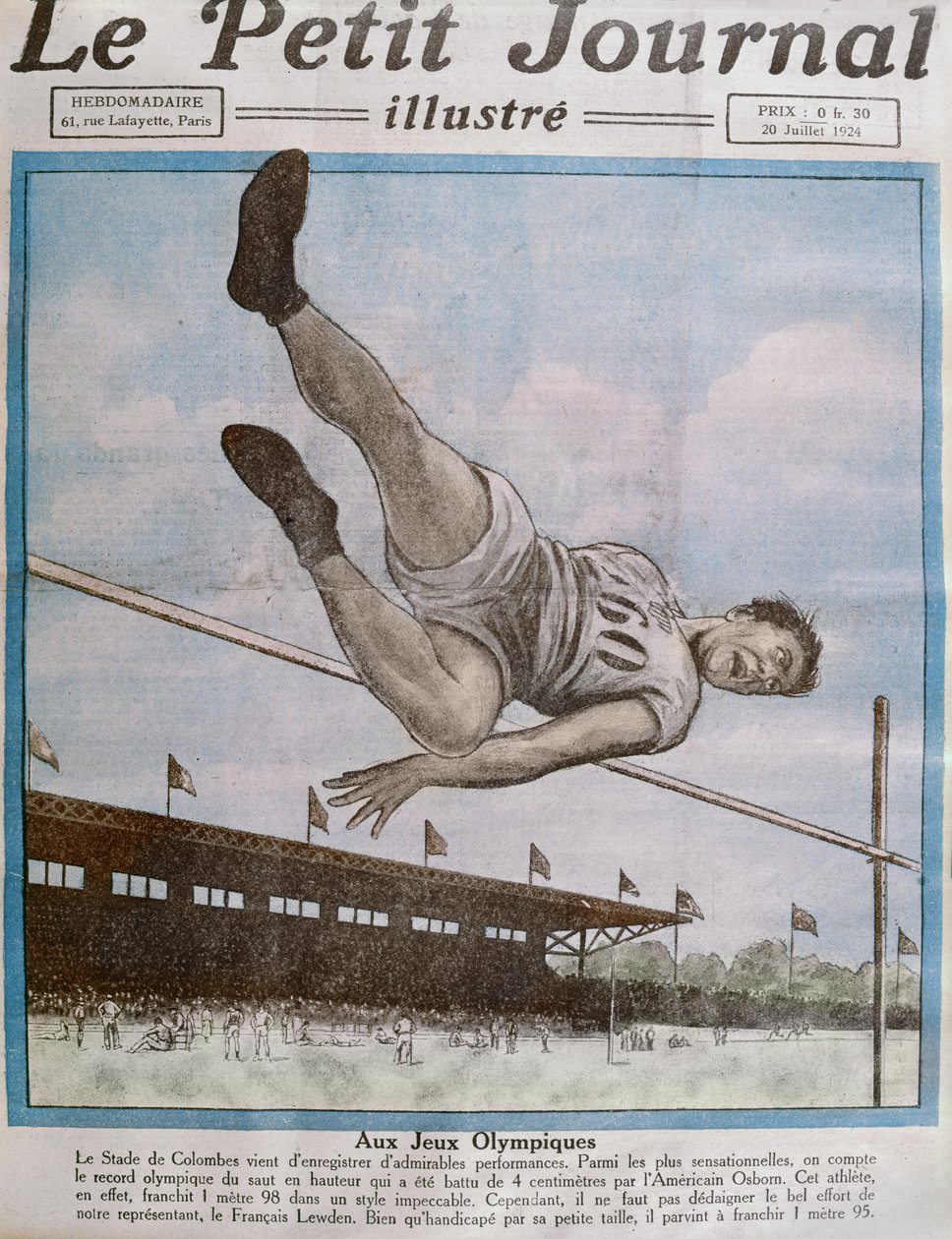 Record de saut en hauteur aux 8e Jeux Olympiques, Paris, 1924, illustration de couverture de Le Petit Journal du 20 juillet 1924 - French School