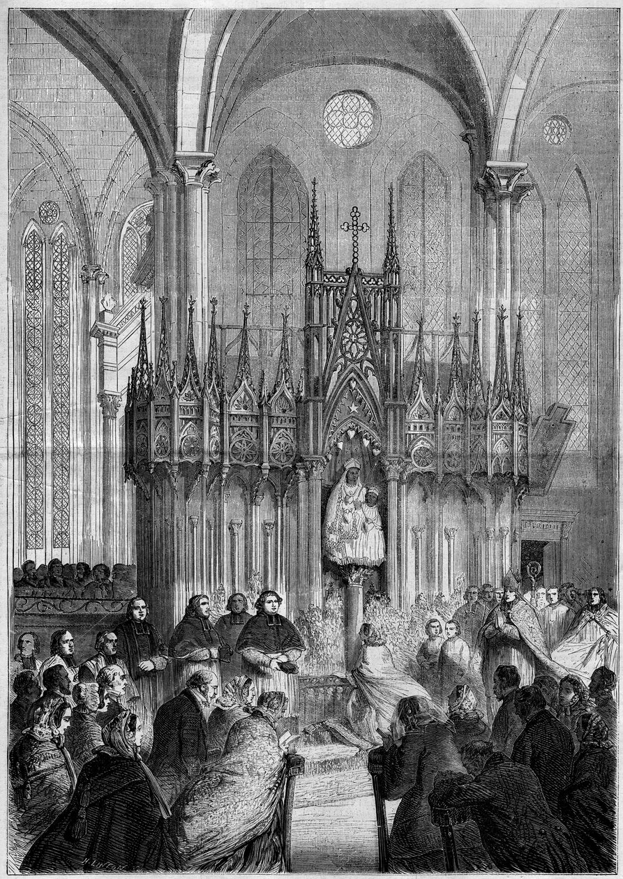 Art religieux : statue de Notre Dame du Pilier ou « Vierge Noire » (vers 1540) dans la cathédrale de Chartres (Eure-et-Loir, 28) en 1858. Gravure dans « Le Monde Illustré » n°89 du 25 décembre 1858. - French School