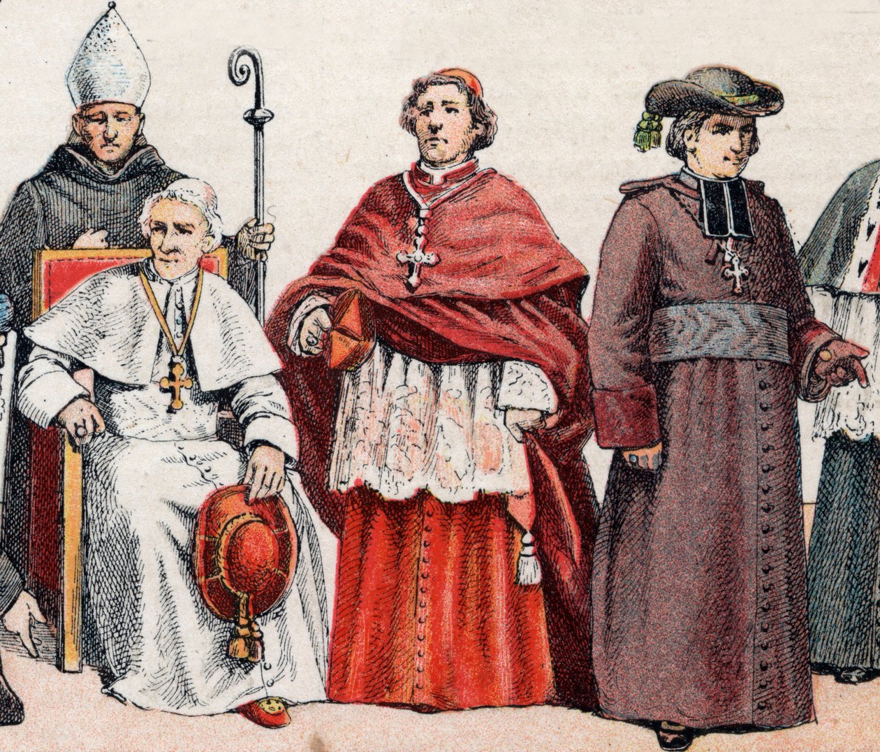 Costumes religieux : évêque avec mitre et crosse, Pape Léon XIII assis, cardinal en cappa magna - French School