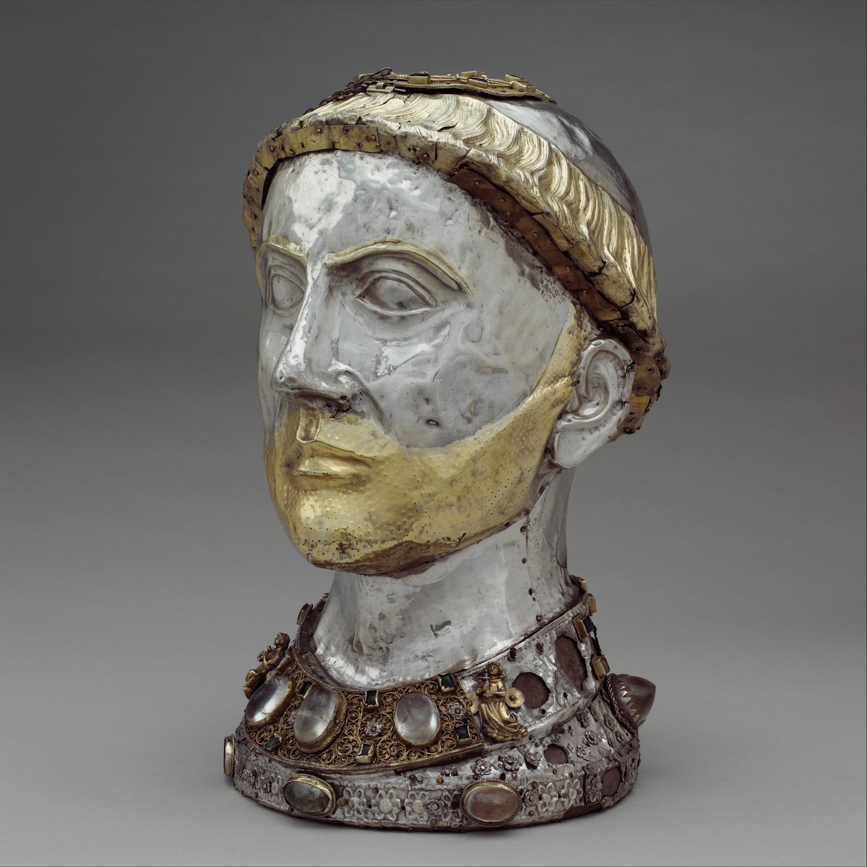 Buste reliquaire de Saint Yrieix, c.1220-40 (argent doré avec cristal de roche, gemmes et verre) - French School
