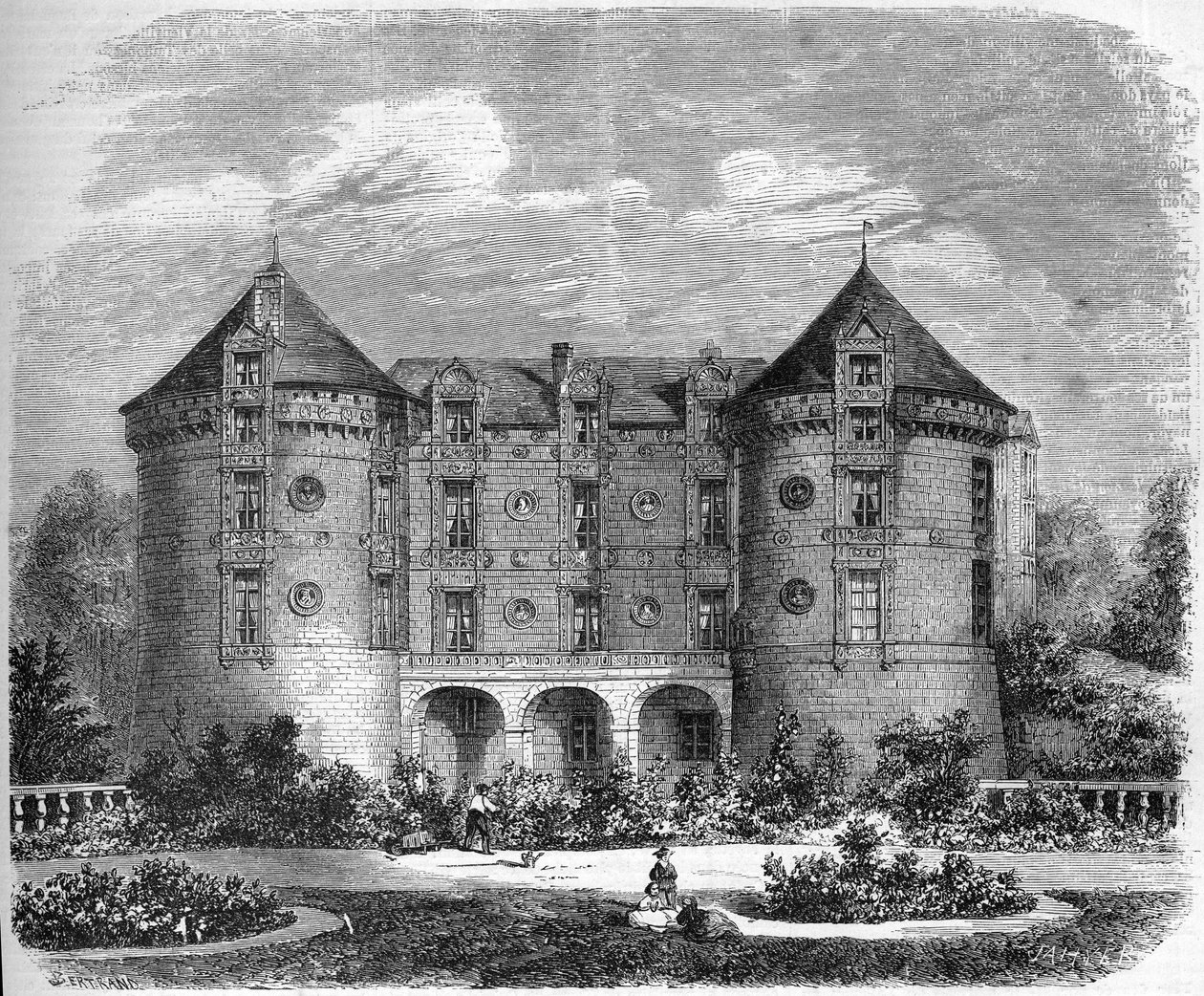 Architecture de la Renaissance - les châteaux de la Loire : vue de la façade du Château du Lude en 1857. Le Lude, Sarthe (72). Gravure dans « Le Monde Illustré » n°28 du 24 octobre - French School