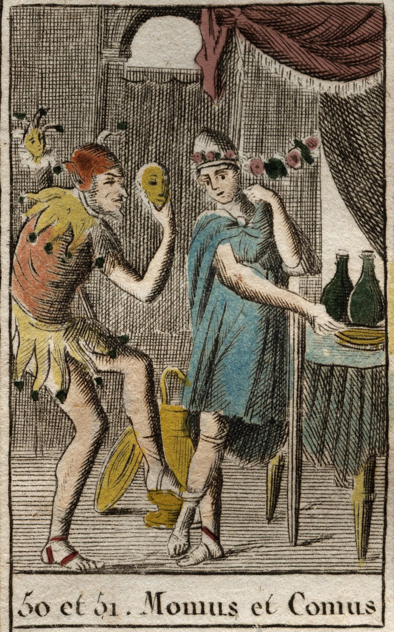 Représentation de Comus, divinité des gourmets et de la cuisine, il préside les festins, représenté appuyé sur un pieu avec une torche et Momos, personnification de la moquerie et du sarcasme, représenté comme un bouffon de cour. De « Mythologie de la Jeun - French School