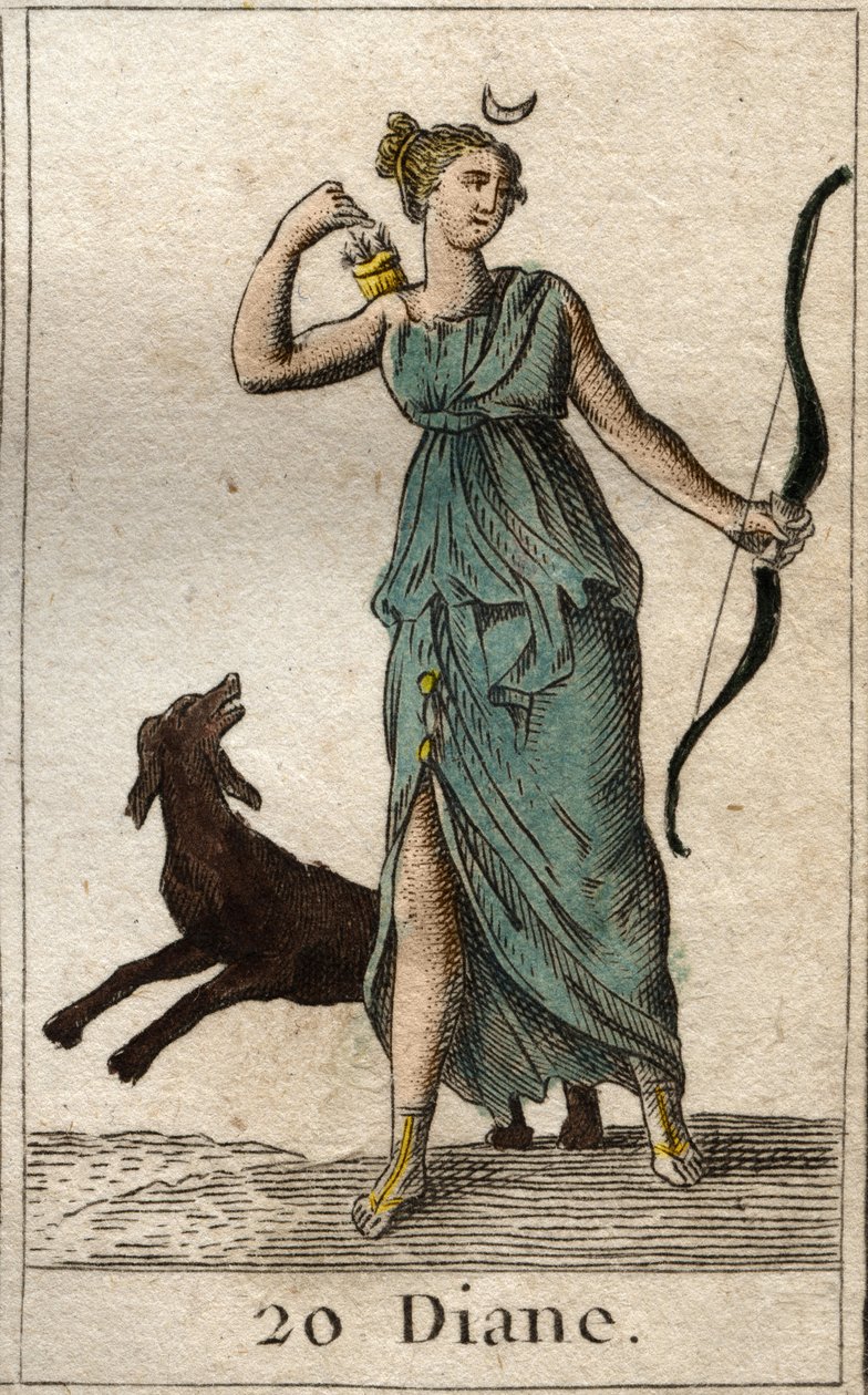 Représentation de Diane, déesse de la chasse, elle tient un arc et des flèches. De "Mythologie de la Jeunesse" par Pierre Blanchard 1803. - French School