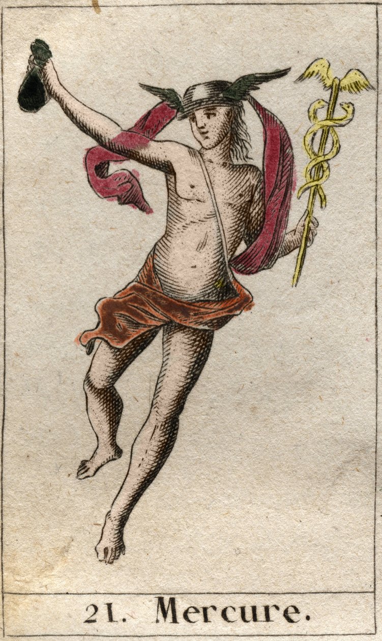 Représentation de Mercure, dieu du commerce, des voyages et messager des autres dieux. Il tient un caducée et porte un pétase. De "Mythologie de la Jeunesse" par Pierre Blanchard 1803. - French School