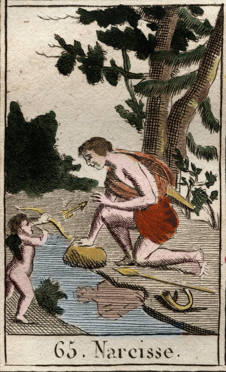 Représentation de Narcisse, un jeune homme amoureux de lui-même, il regarde constamment son reflet. De « Mythologie de la jeunesse » par Pierre Blanchard 1803. - French School