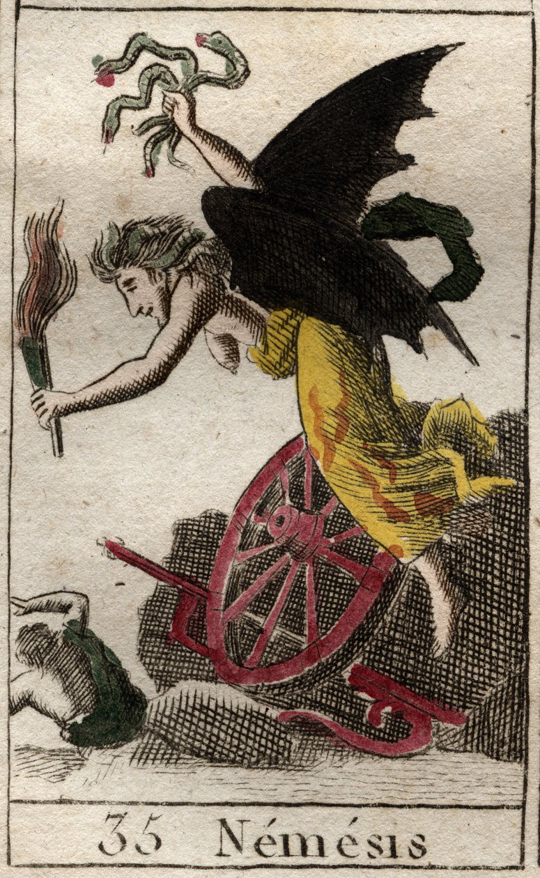 Représentation de Némésis, déesse de la Vengeance, représentée comme une femme ailée tenant une torche, des serpents, une roue et un gouvernail. - French School