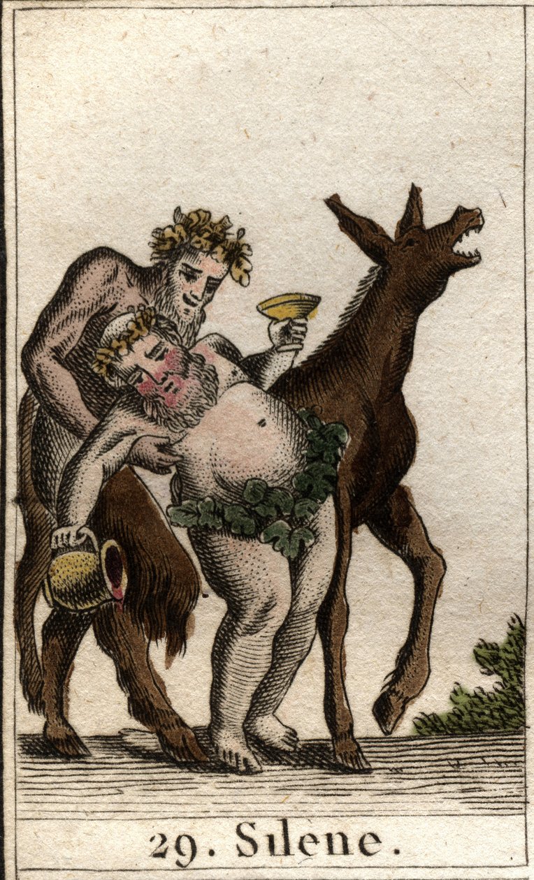 Représentation de Silène, compagnon de Bacchus, ivre, soutenu par un satyre. De « Mythologie de la jeunesse » par Pierre Blanchard 1803. - French School