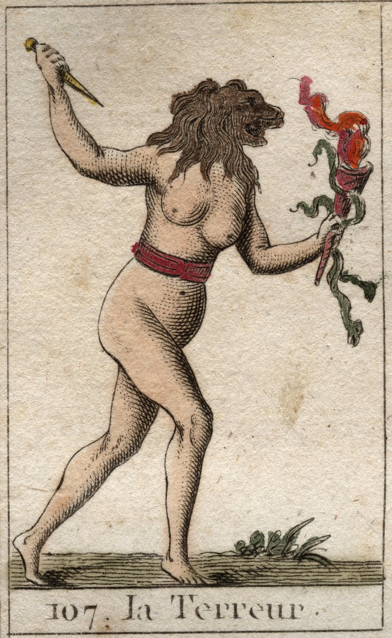 Représentation de la Terreur, comme une femme avec une tête de lion, tenant un couteau et des serpents. De « Mythologie de la jeunesse » par Pierre Blanchard 1803. - French School