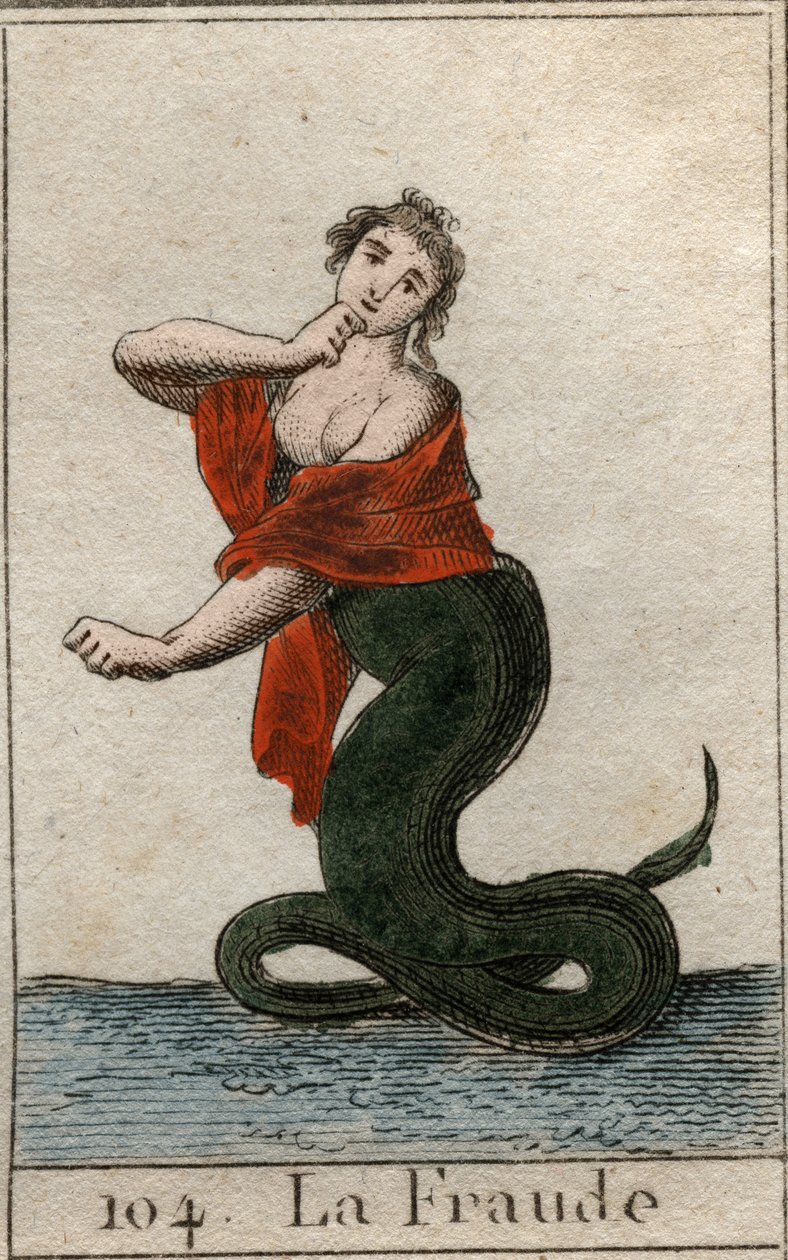 Représentation de la tricherie (malhonnêteté), comme un serpent dangereux avec une tête de femme souriante. De « Mythologie de la Jeunesse » par Pierre Blanchard 1803 - French School