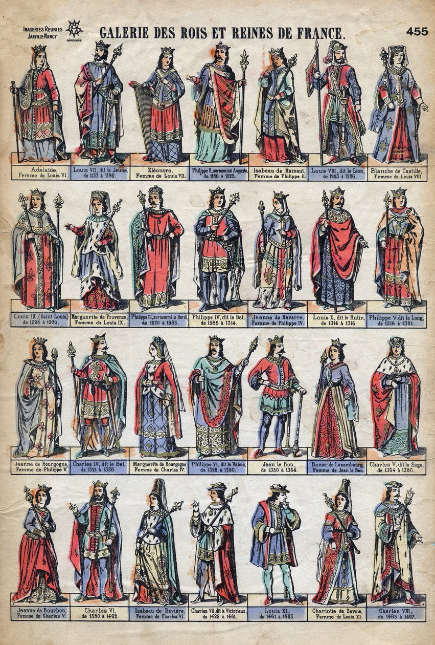 Représentation des rois et reines de France de la dynastie des Capétiens (de Louis VII à Charles VIII). Illustration fin XIXe siècle - French School