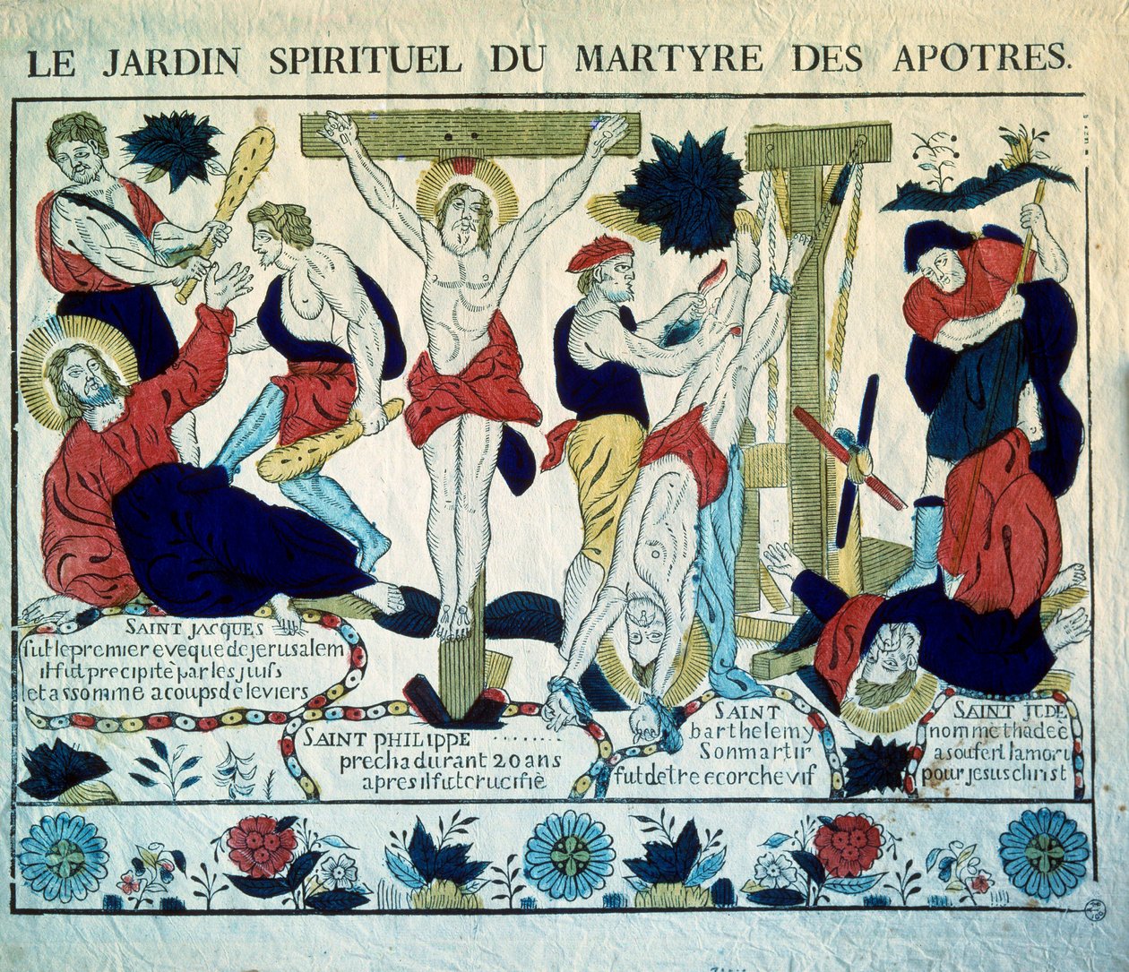 Représentation des Martyrs des Apôtres Saint Jacques, Saint Philippe, Saint Barthélemy et Saint Jude" Gravure du XIXe siècle. Paris, Musée des Arts et Traditions Populaires - French School