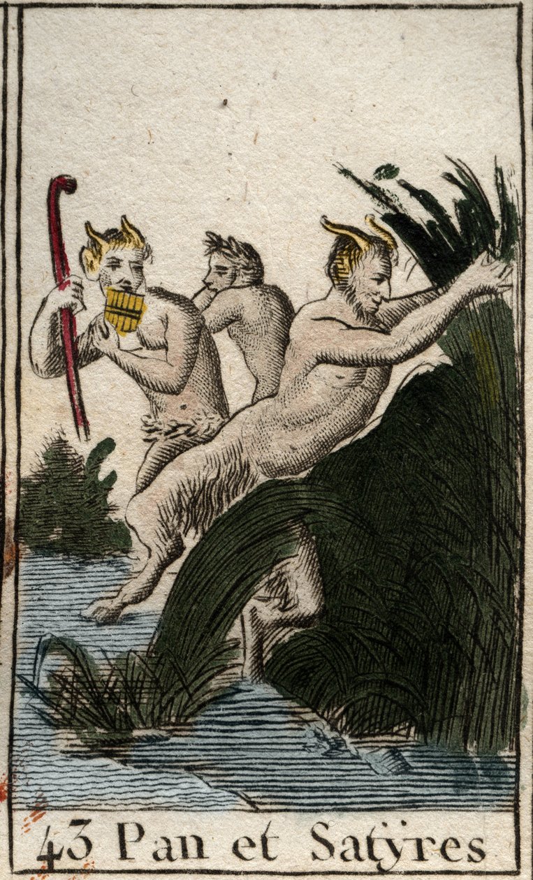 Représentation du dieu champêtre Pan et des satyres. Il a des cuisses poilues, des pieds de chèvre, et joue de la flûte (Syrinx). De "Mythologie de la jeunesse" par Pierre Blanchard 1803. - French School