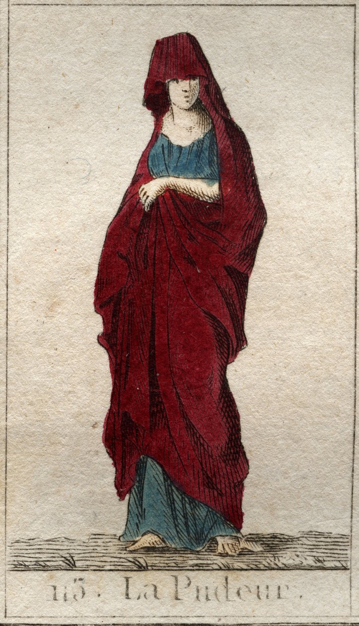 Représentation de la déesse de la Modestie, une jeune femme au visage couvert d