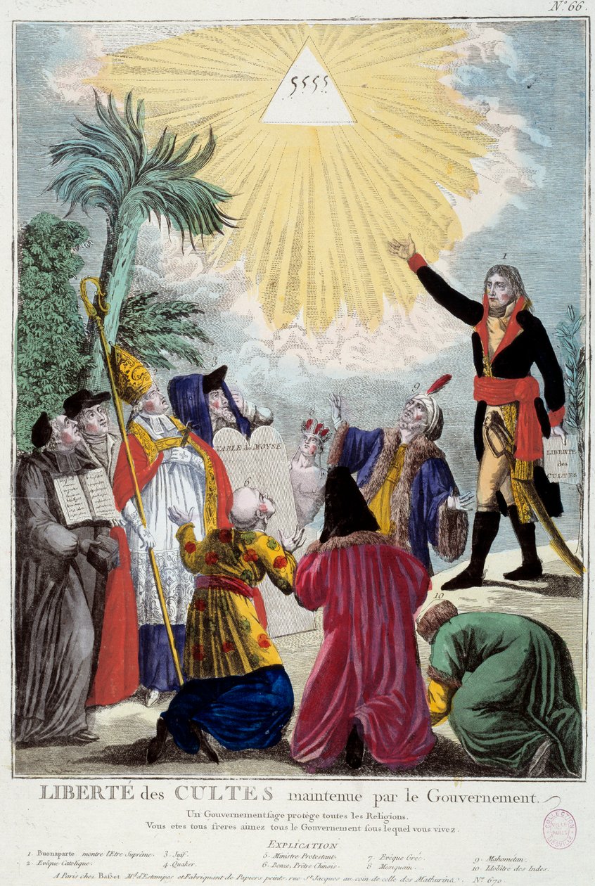 Représentation de la liberté de culte de toutes les religions maintenue par Napoléon Bonaparte (1769-1821) : le premier Consul indique le triangle de la Trinité symbolisant Dieu venant par les représentants de chaque religion : évêque catholique, un juif,  - French School