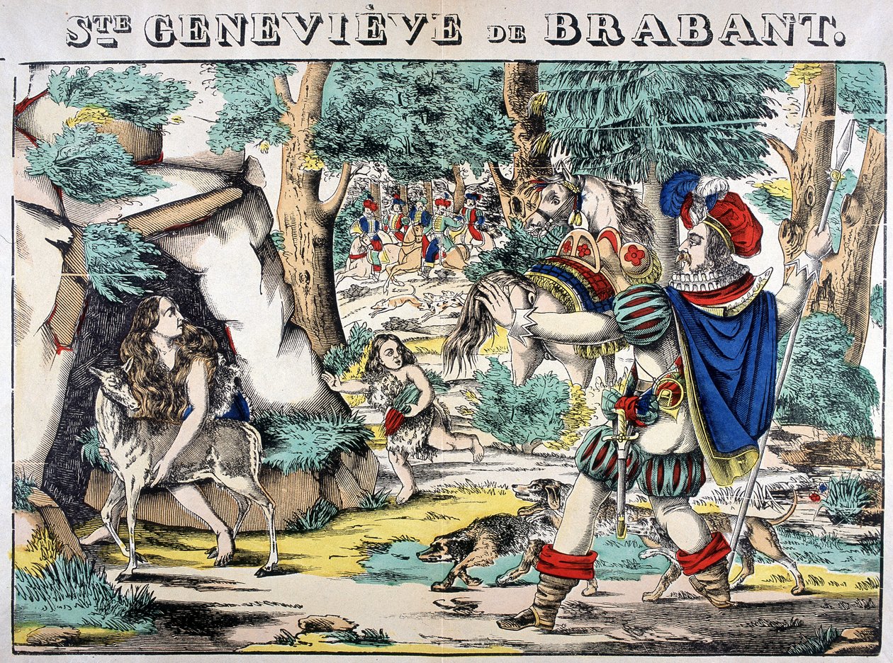 Représentation de la légende de Sainte Geneviève de Brabant. Scène de la rencontre entre Geneviève abandonnée dans les bois et son mari. Image d