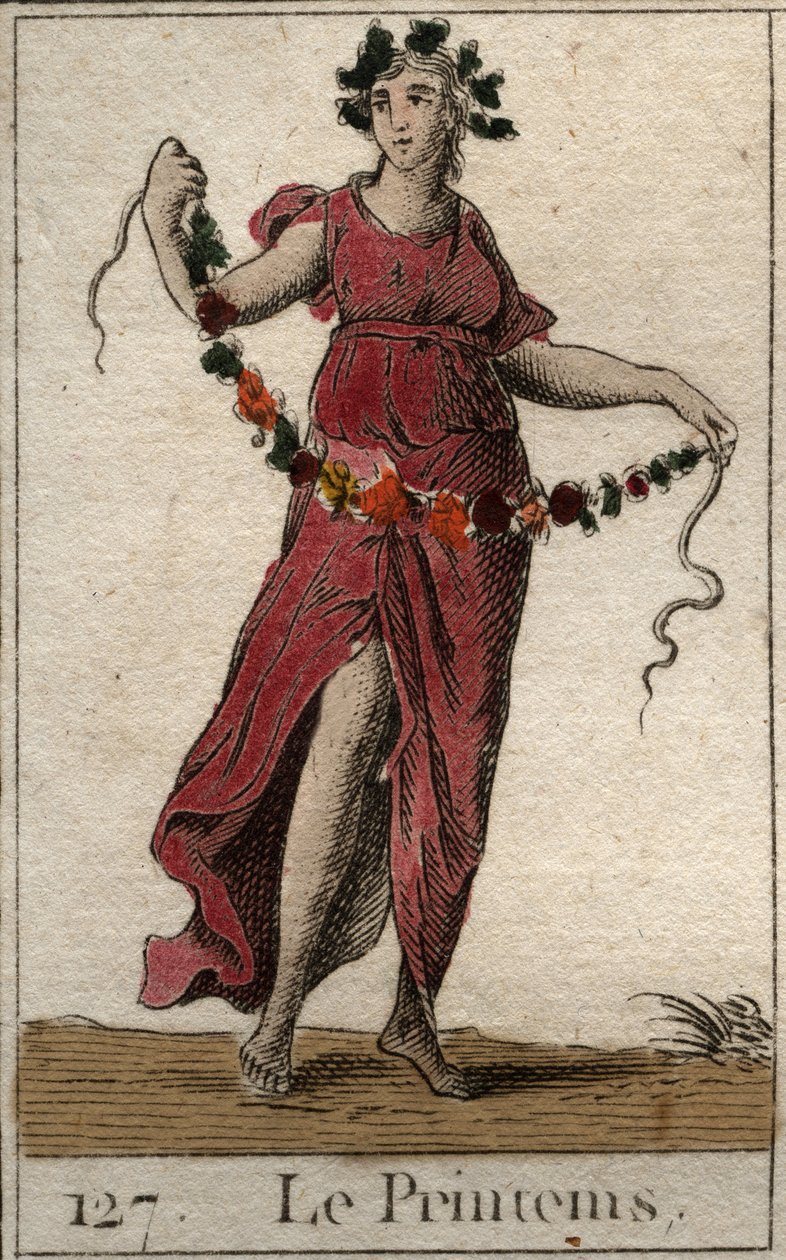 Représentation du printemps sous les traits de Flora tenant une guirlande de fleurs. De « Mythologie de la jeunesse » par Pierre Blanchard 1803. - French School