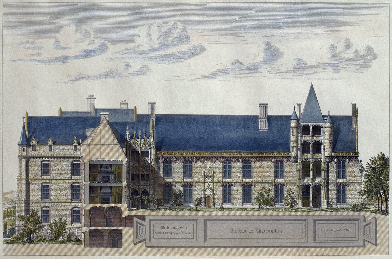 Restauration du Château de Châteaudun, illustration du Moniteur des architectes, gravé par H. Penel - French School