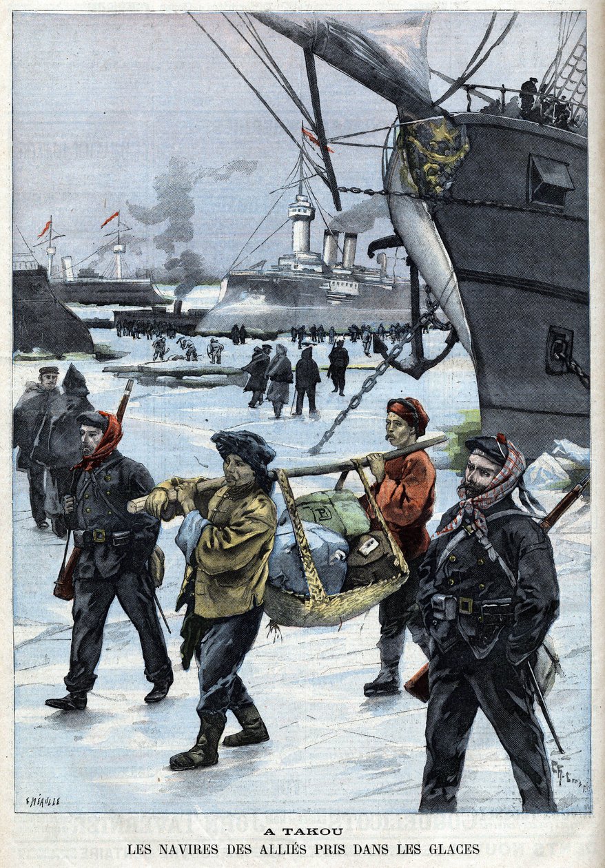 Révolte des Boxers (1898-1900) : les navires des alliés dans la glace à Atakou - dans "Le Petit Parisien" - French School