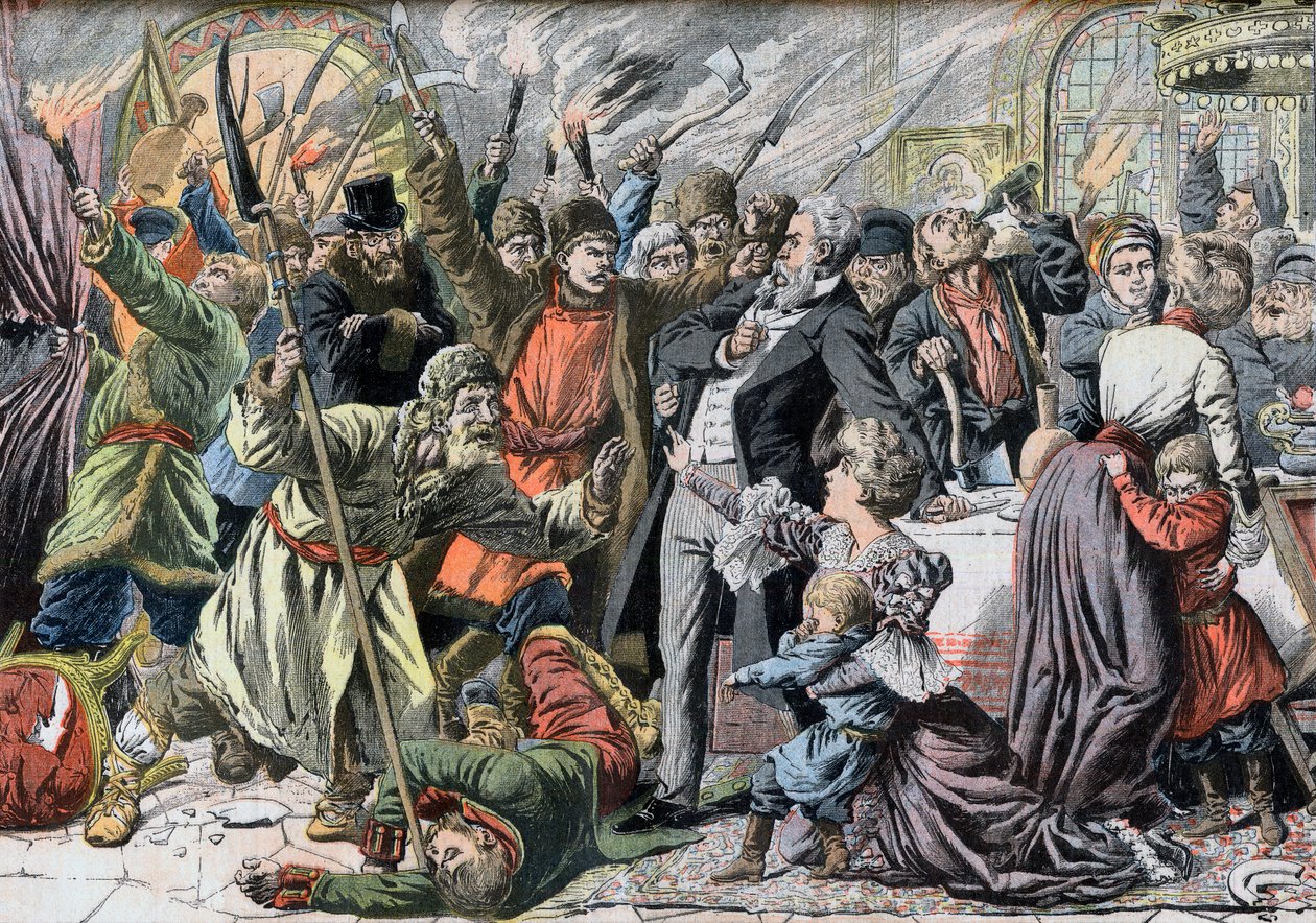 Révolution de 1905 - Paysans russes révoltés envahissant une maison de campagne. Jacquerie dans les provinces russes. Invasion d