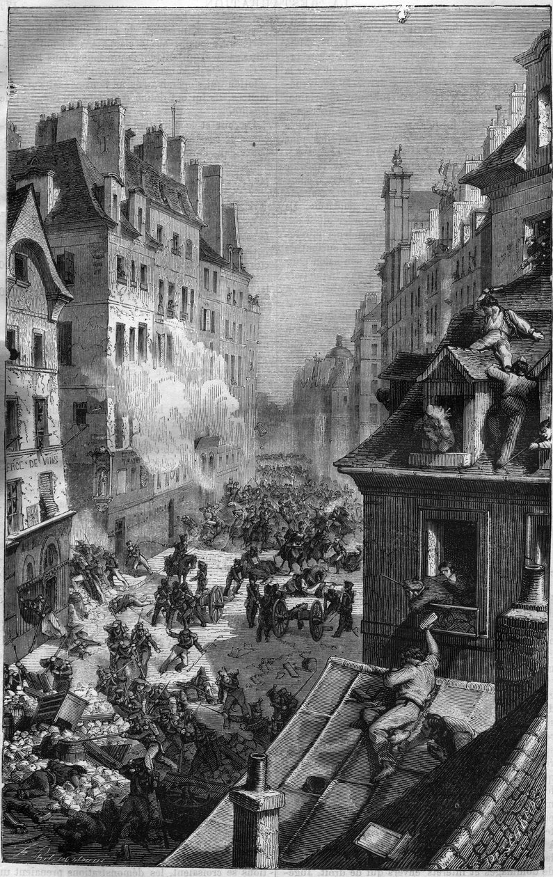Révolution de 1830 : combat dans le faubourg Saint Antoine. Gravure dans « Histoire des Papes-Rois-Reines et Empereurs à travers les siècles » par Maurice Lachatre - French School