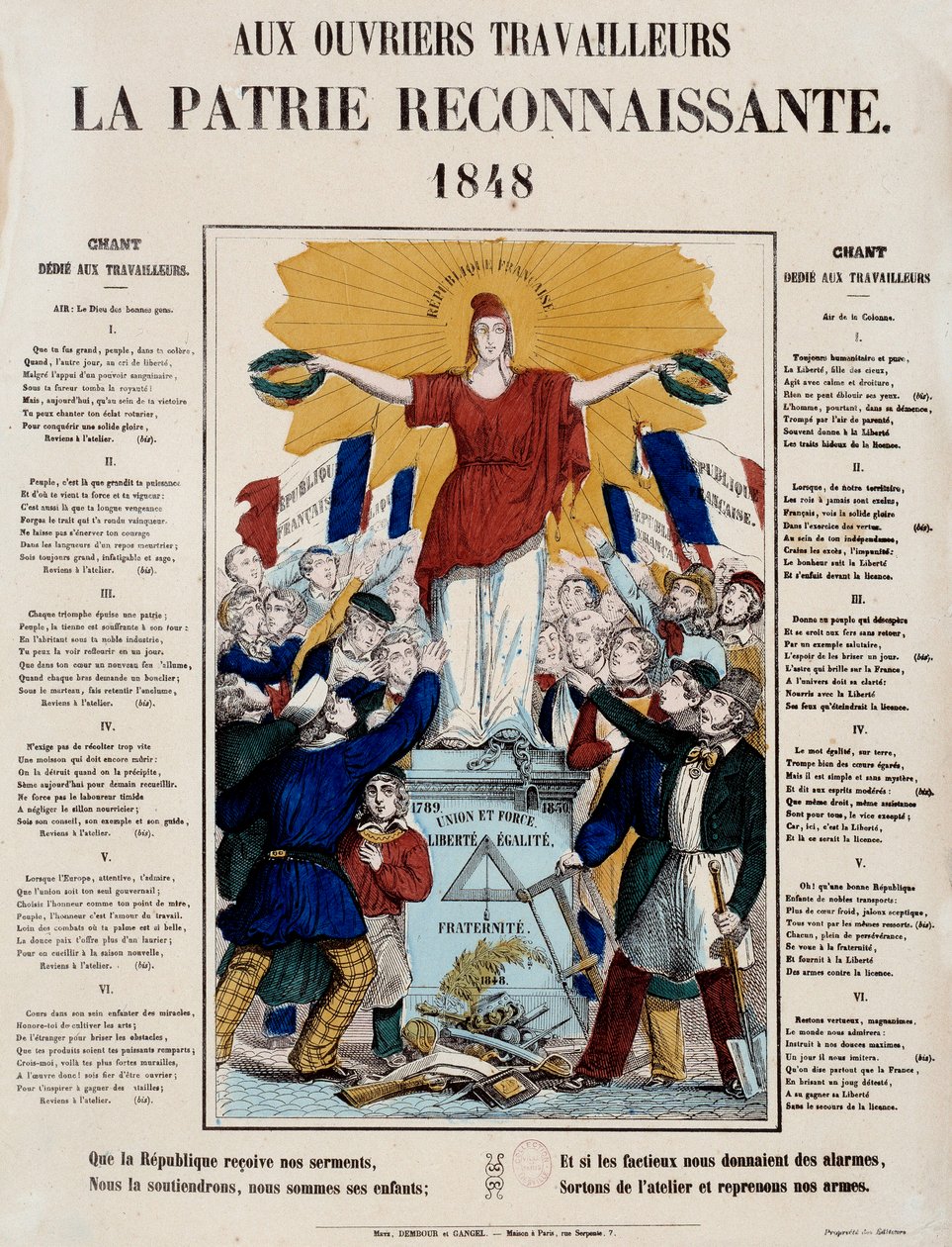 Révolution de 1848 et naissance de la deuxième république : manifeste et chanson intitulés « Aux travailleurs, la patrie reconnaissante », la République est saluée par les travailleurs. 1848 Paris, Musée Carnavalet - French School