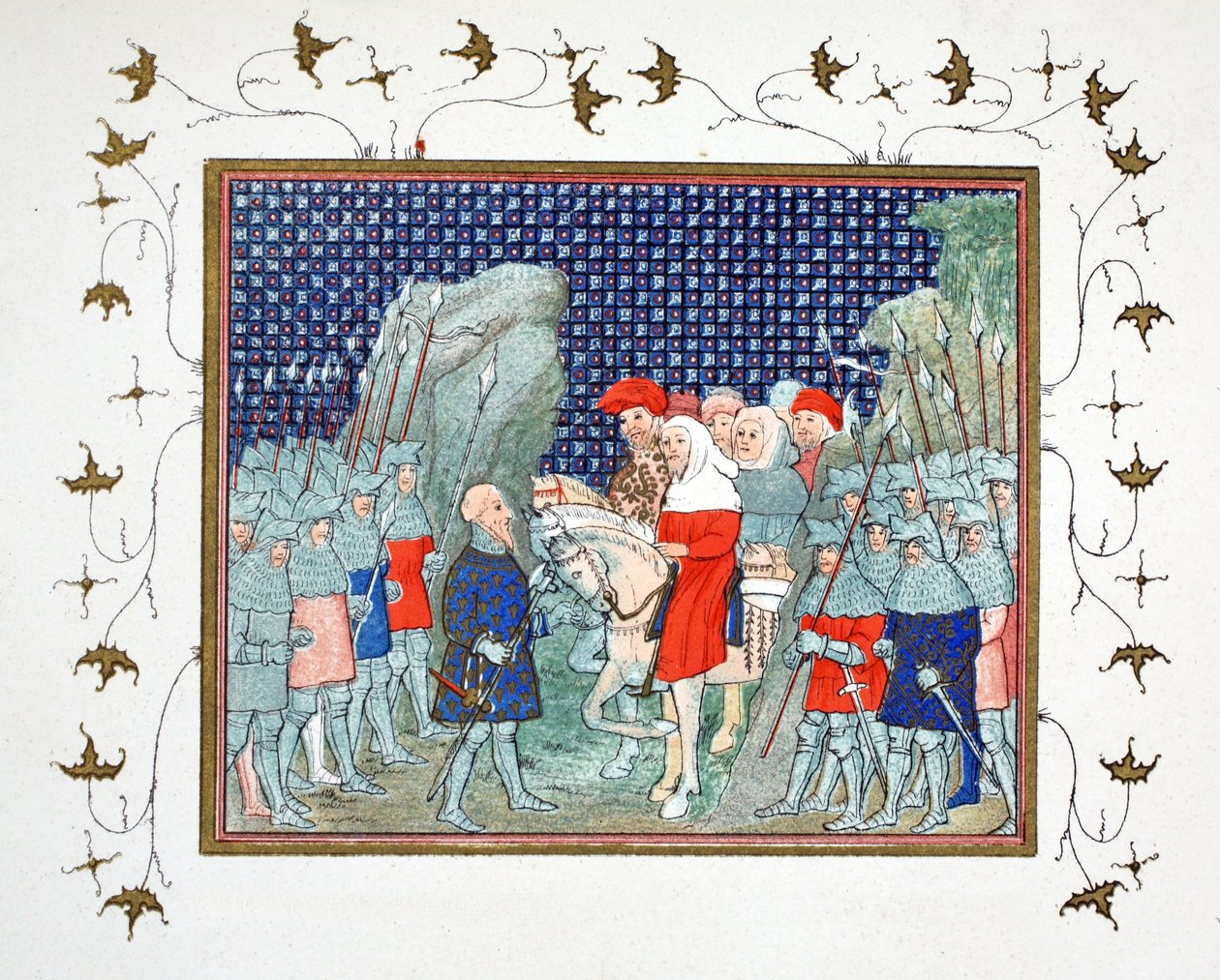 Richard II trahi à Penmaur Rhos et fait prisonnier par le duc de Northumberland, copie fac-similé de Le Prinse et Mort du Roy Richart par Jean Creton, réimprimé au 19ème siècle - French School