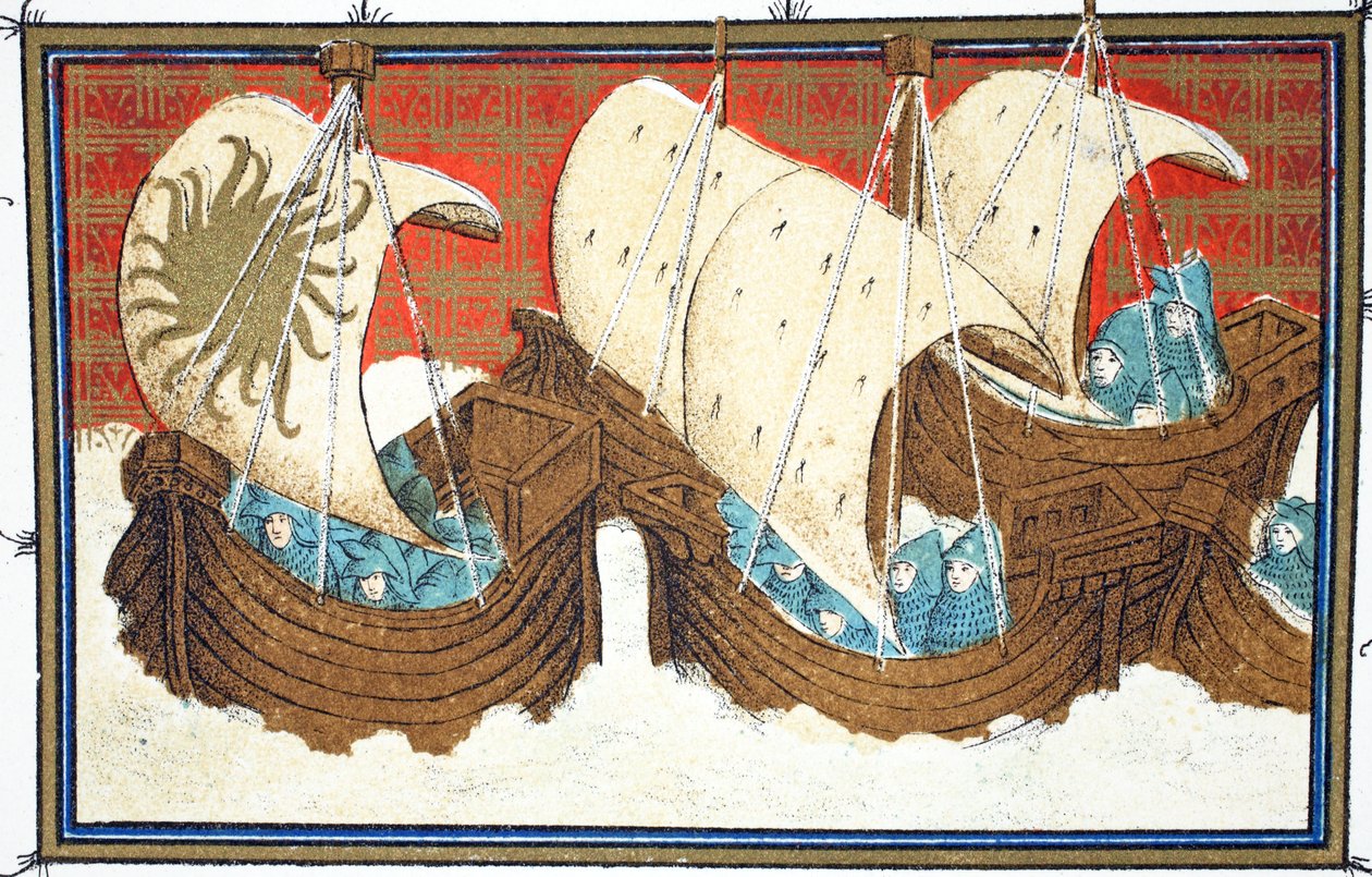 Richard II et sa flotte débarquant à Milford Haven, copie fac-similé de Le Prinse et Mort du Roy Richart par Jean Creton, réimprimé au 19ème siècle - French School