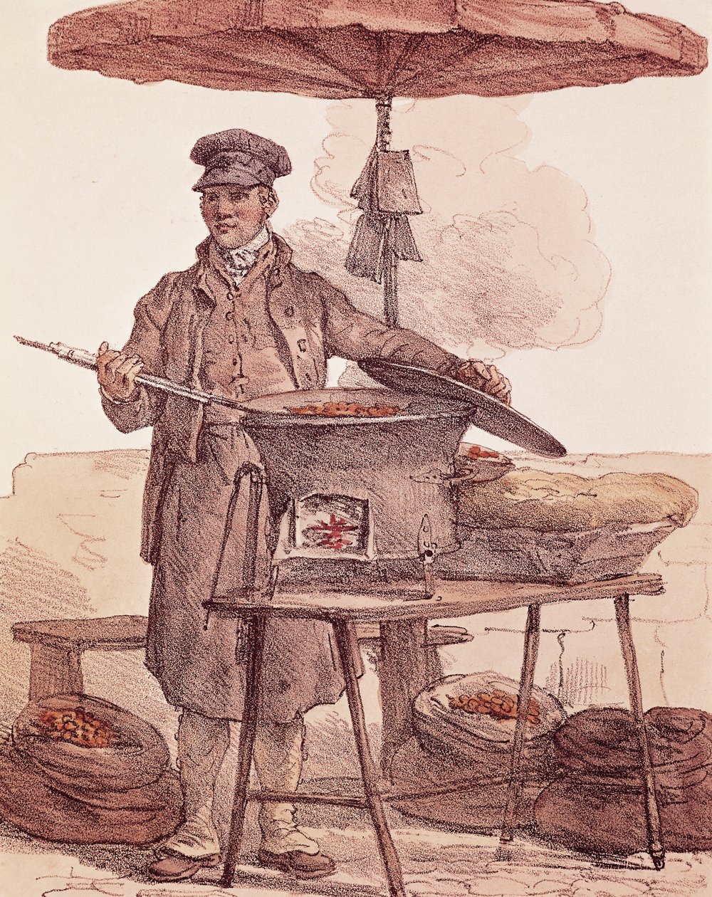 Marchand de châtaignes grillées, gravure, France - French School