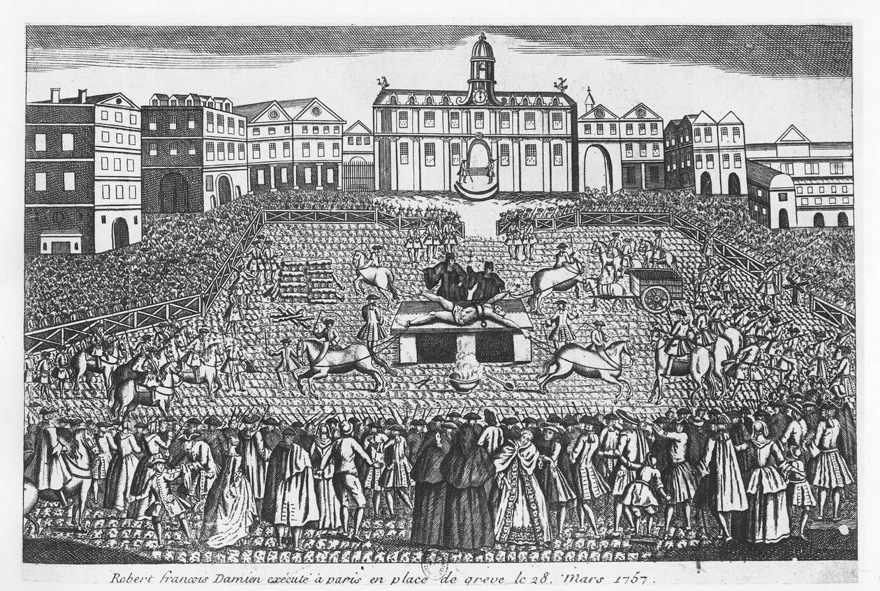 Robert-François Damiens exécuté sur la place de Grève, Paris, 28 mars 1757 - French School