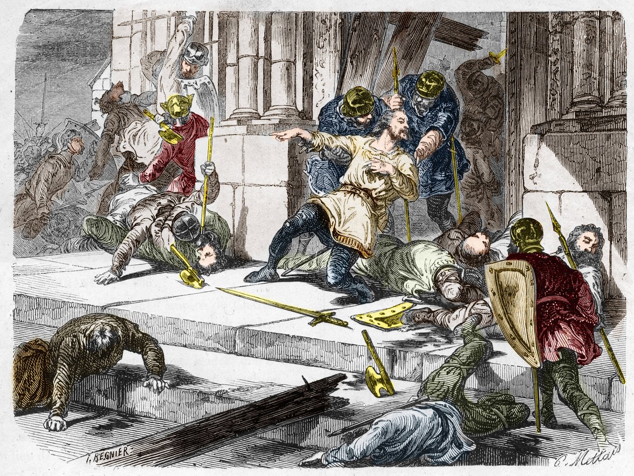 Robert le Fort mort (vers 815-866), Duc de France, lors de la bataille de Brissarthe, en 866, opposant les Francs à une armée combinant Bretons et Vikings. Gravure dans « Histoire De France En Cent Tableaux par Paul Lehugeur » 1891 - French School