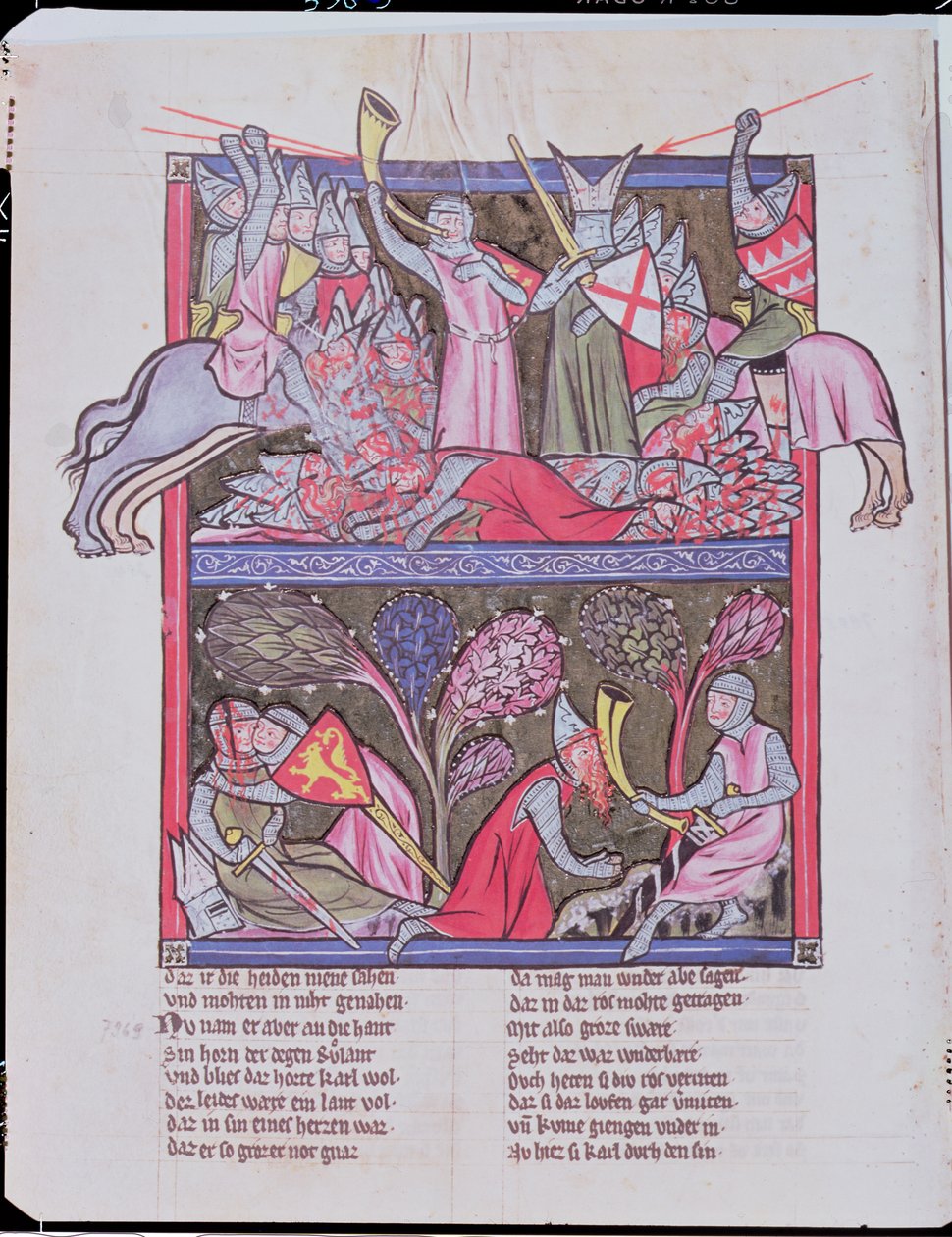 Roland sonne le cor à Roncevaux, illustration de La Chanson de Roland, copie d