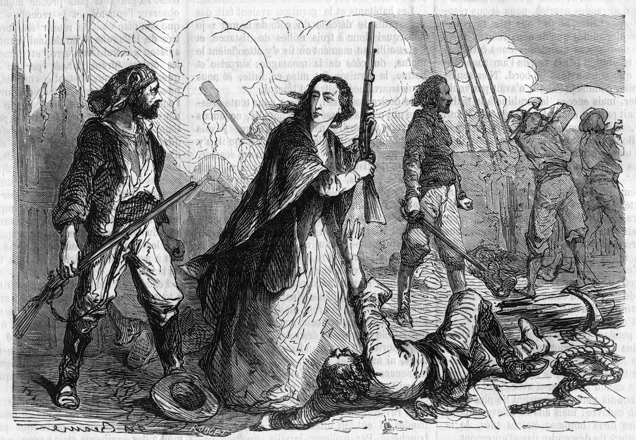 Roman feuilleton : « Mémoires de Joseph Garibaldi » par Alexandre Dumas (1802-1870). Anita Garibaldi (1821-1849), épouse de Giuseppe Garibaldi, prenant part à la bataille, fusil à la main. Gravure dans « Les bons romans » - French School