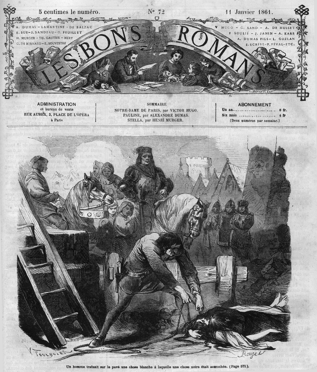 Roman-feuilleton : « Notre-Dame de Paris » de Victor Hugo (1802-1885). Un homme traîne deux femmes sur le pavé. Gravure dans « Les bons romans » - French School